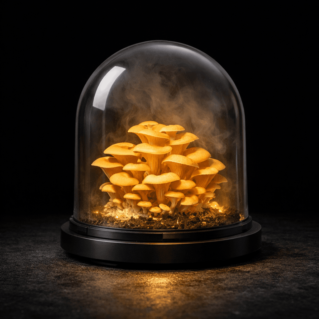 Dark Dome mushroom cultivation dome glowing with golden oyster mushrooms on a matte black surface