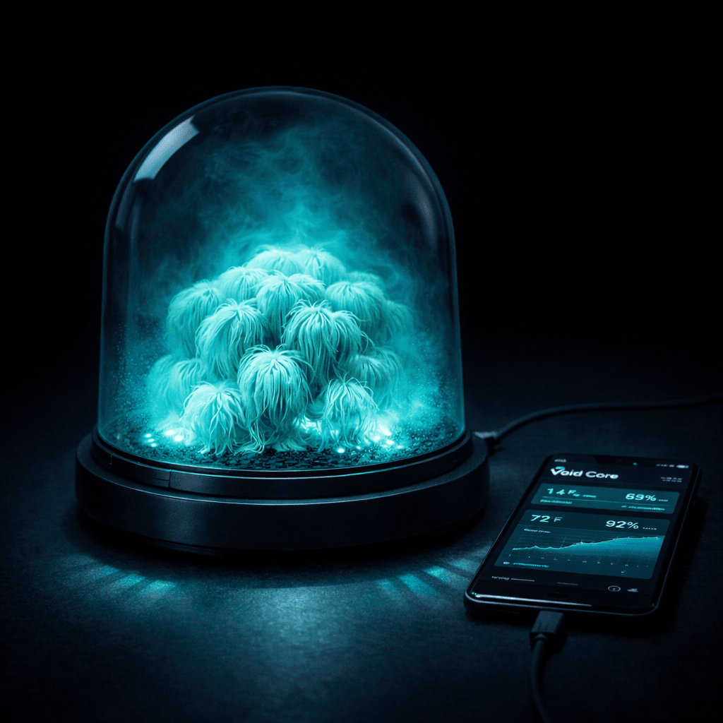 Void Core smart dome with lion's mane mushrooms glowing under cyan light from the base