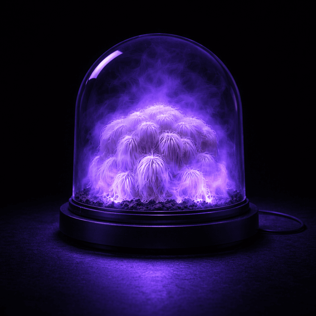 The Void dome glowing with UV-purple light and lion's mane mushrooms inside